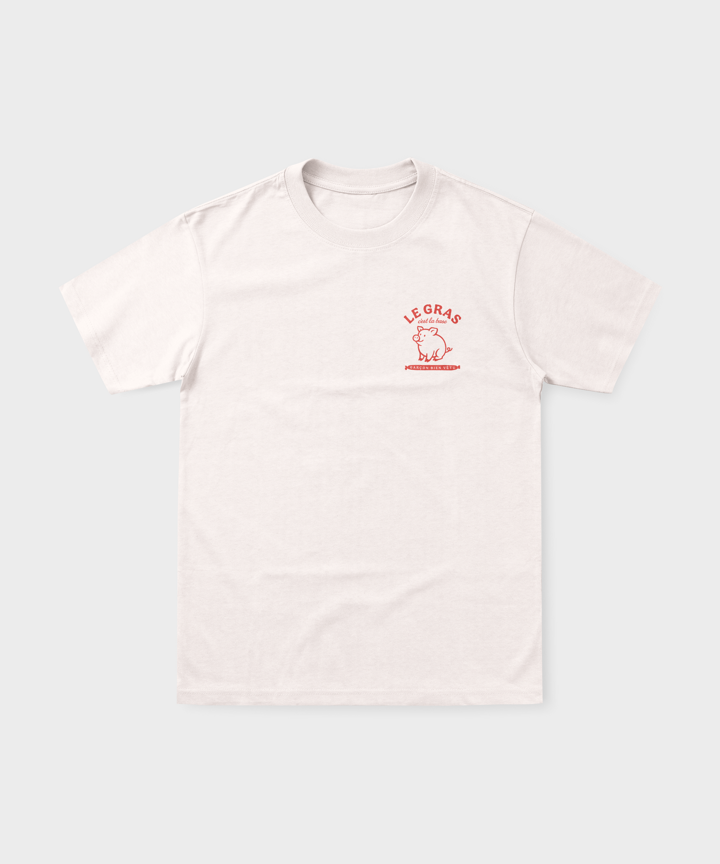 T-shirt rugby blanc avec petit logo rouge "Le gras c'est la base" et cochon sur la poitrine.