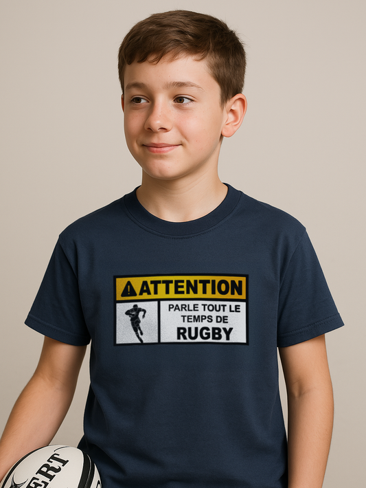 T-shirt Rugby Enfant Humour – Attention Rugby Addict-Garçon bien vêtu