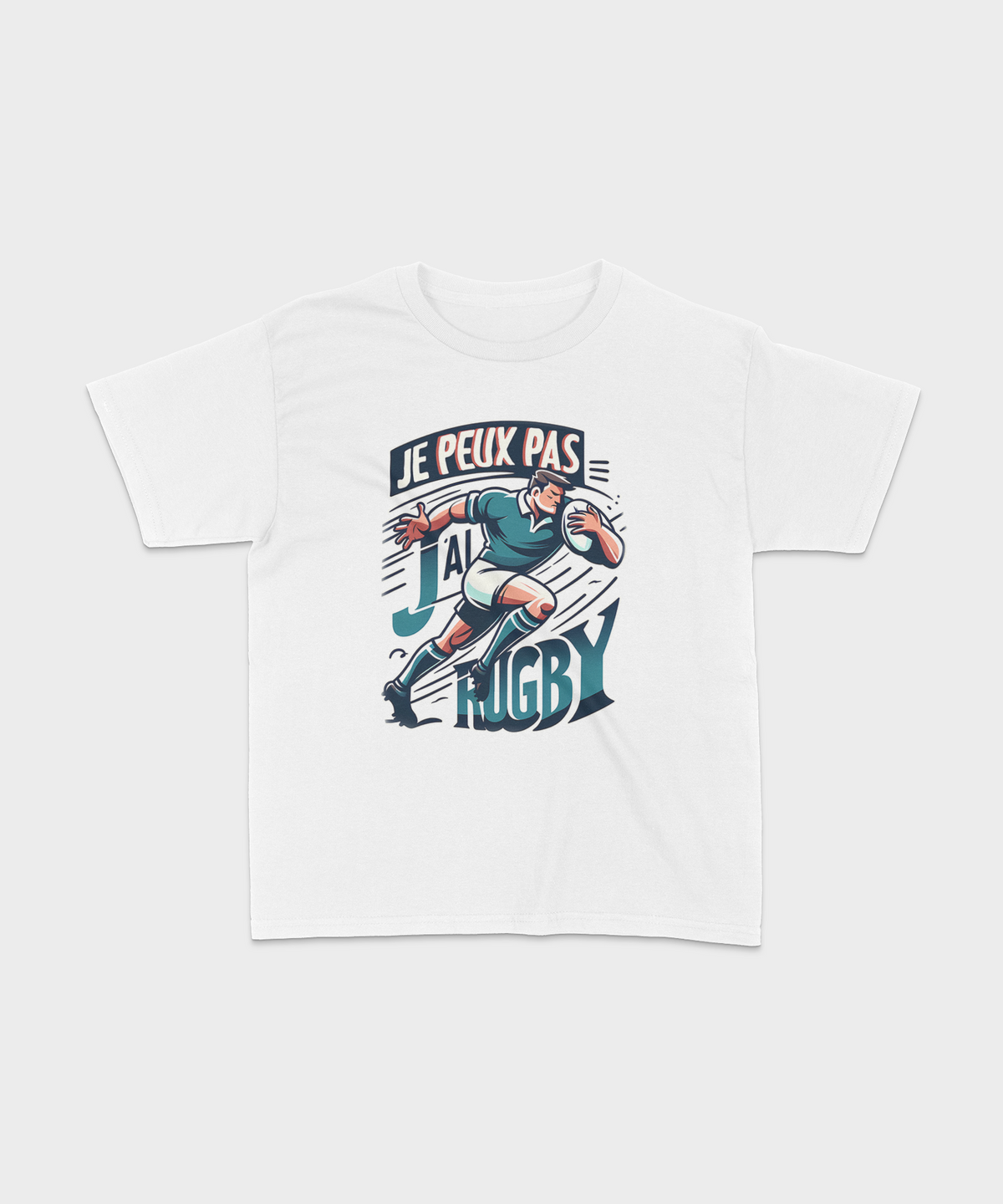 T-shirt enfant blanc avec illustration d'un joueur de rugby et texte "Je peux pas, j'ai Rugby".