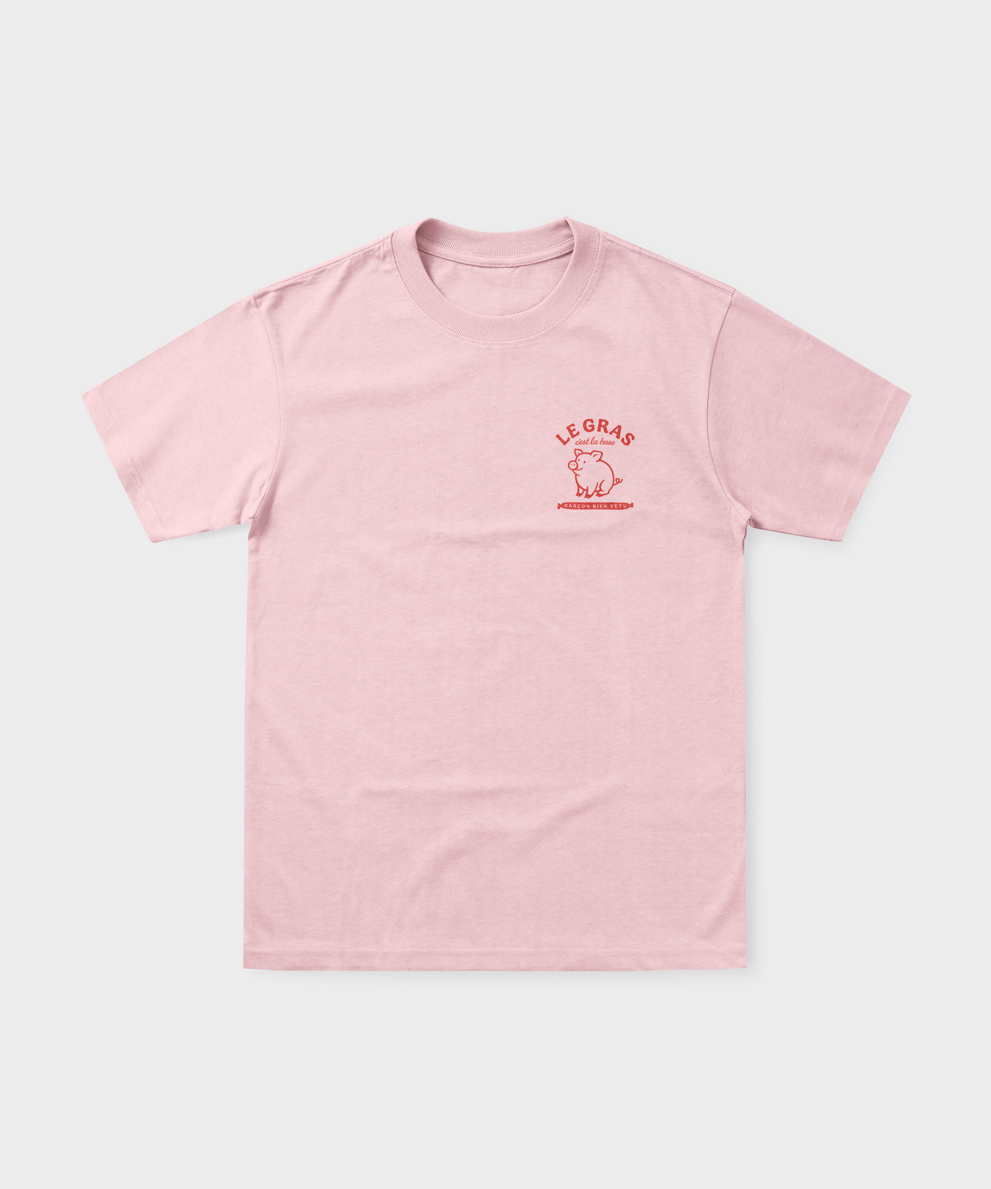 T-shirt rugby rose pâle en coton avec petit logo rouge "Le Gras" et cochon sur la poitrine.