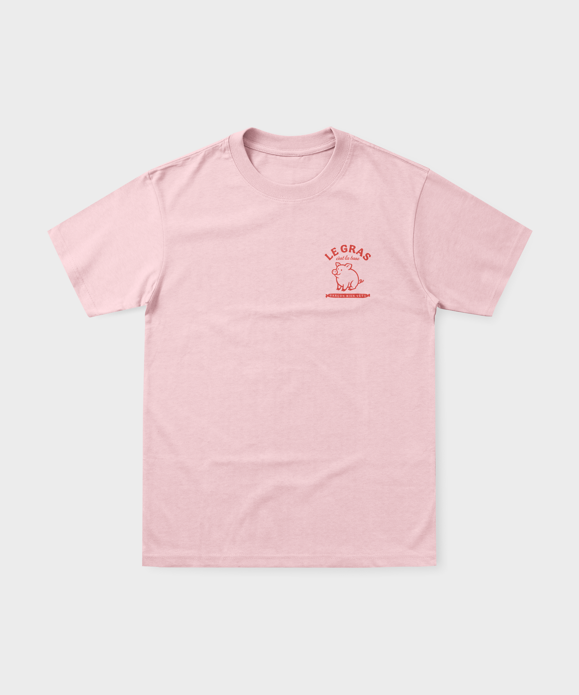 T-shirt rugby rose pâle en coton avec petit logo rouge "Le Gras" et cochon sur la poitrine.
