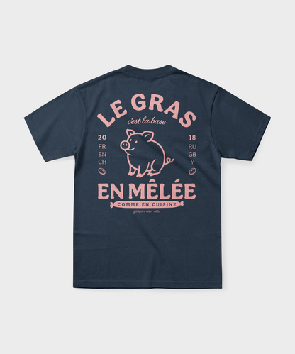 T-shirt rugby bleu marine avec illustration de cochon rose et texte "Le gras c'est la base en mêlée".