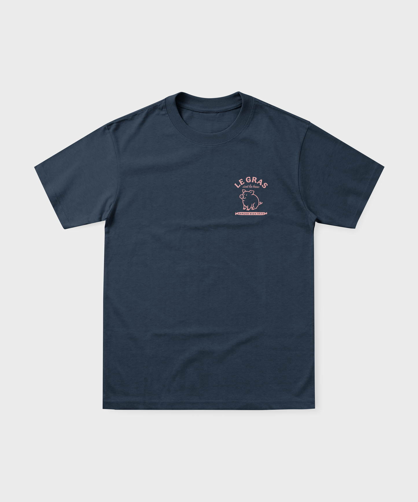 T-shirt rugby bleu marine avec logo "Le gras c'est la base" et cochon rose.