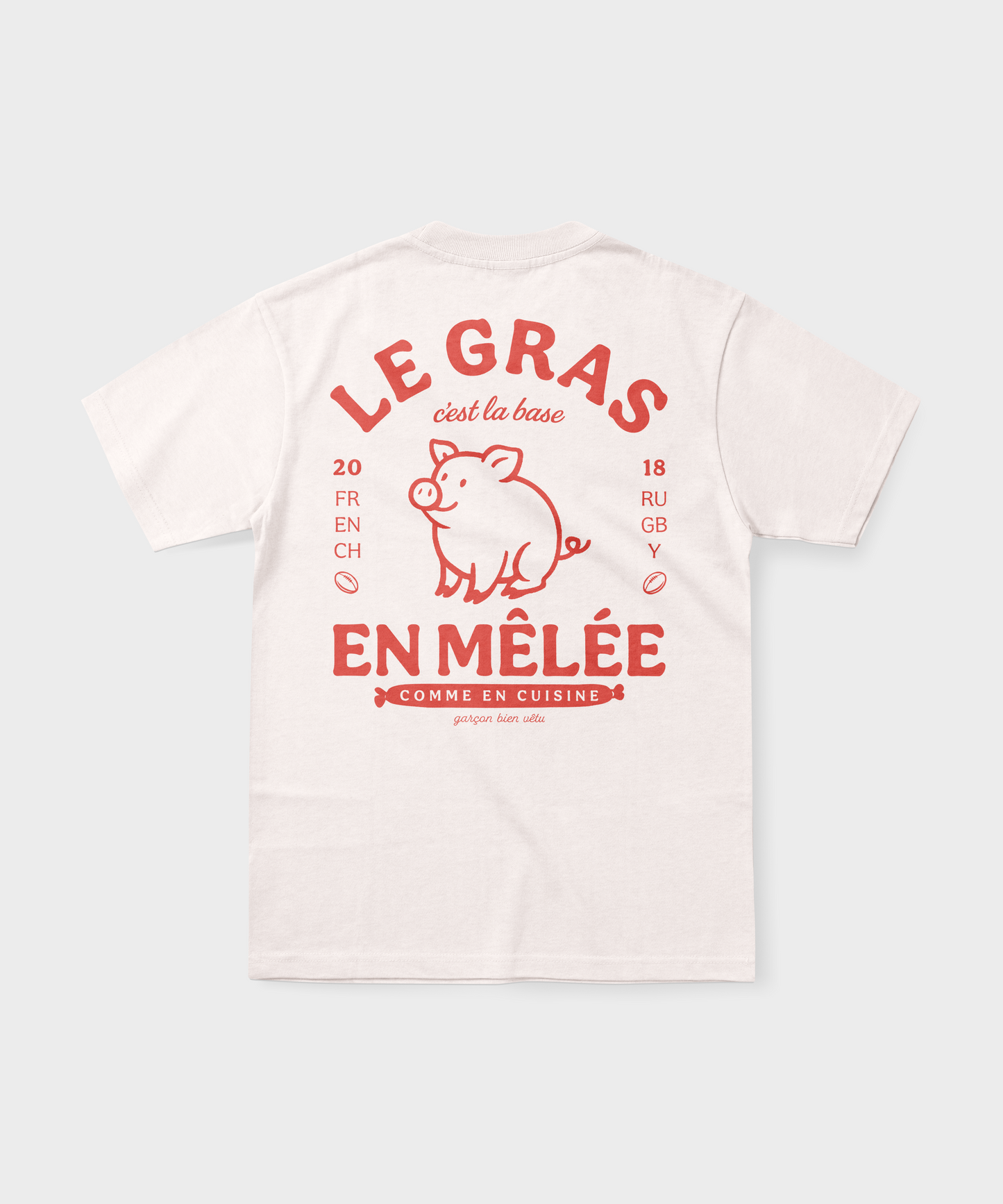 T-shirt rugby blanc cassé avec un cochon et l'inscription rouge "Le gras c'est la base en mêlée".