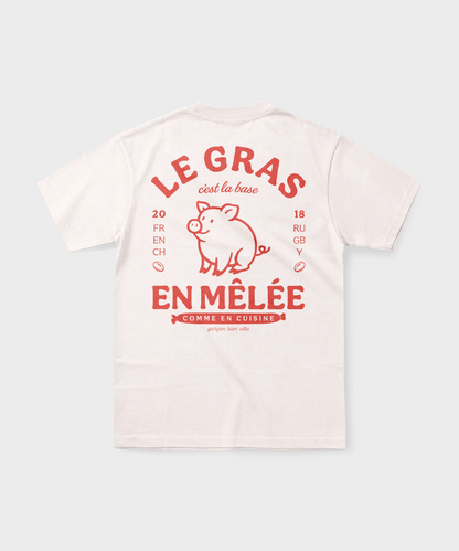 T-shirt rugby blanc cassé avec un cochon et l'inscription rouge "Le gras c'est la base en mêlée".