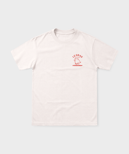 T-shirt rugby blanc avec petit logo rouge "Le gras c'est la base" et cochon sur la poitrine.